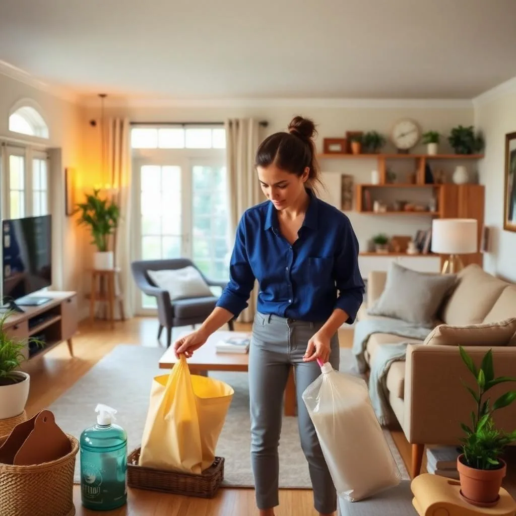 A cleaner carrying a bag in each hand through a living room
