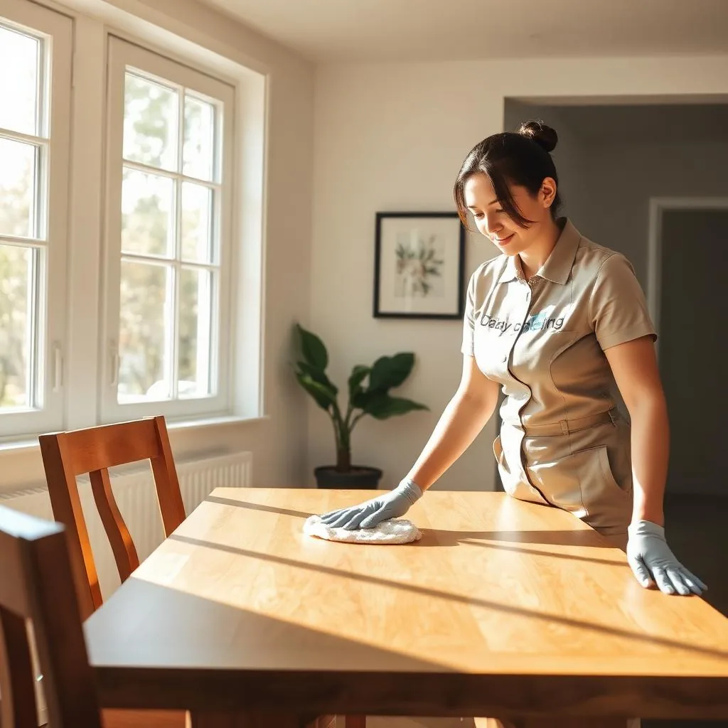 A cleaner in gloves wiping a wooden dining table beside a sunny window