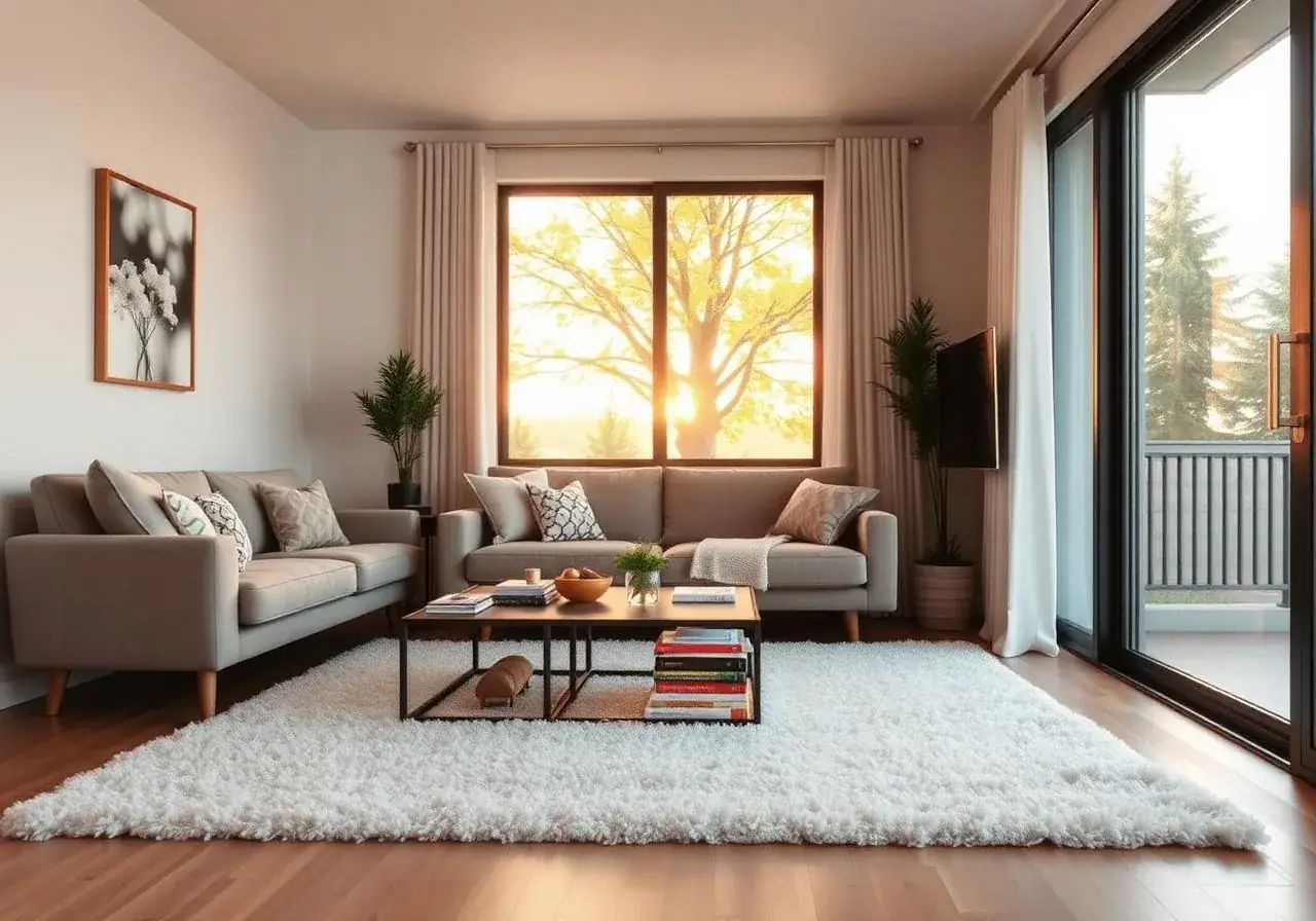 A living room with grey sofas, a white rug and a window onto a tree