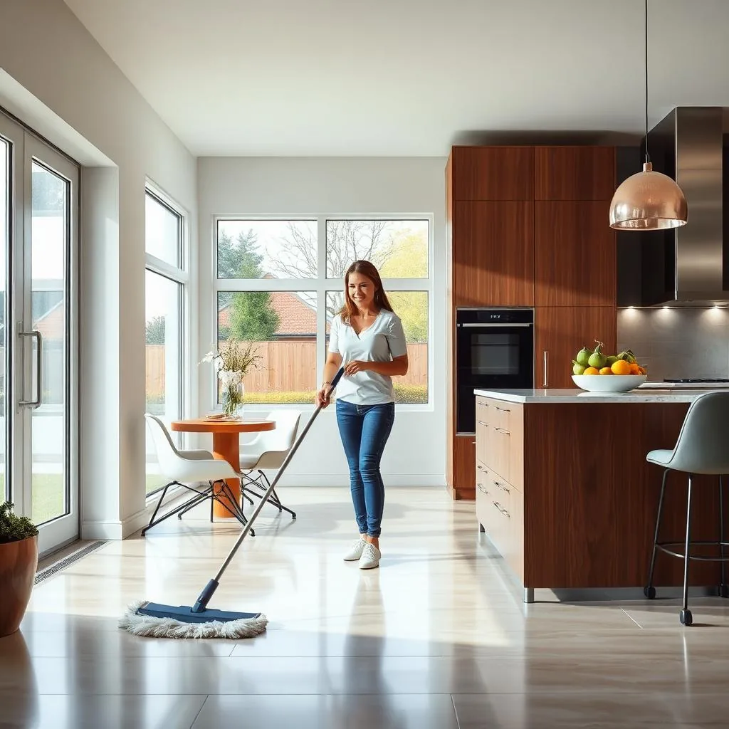 A cleaner mopping a tiled kitchen floor beside a small dining table