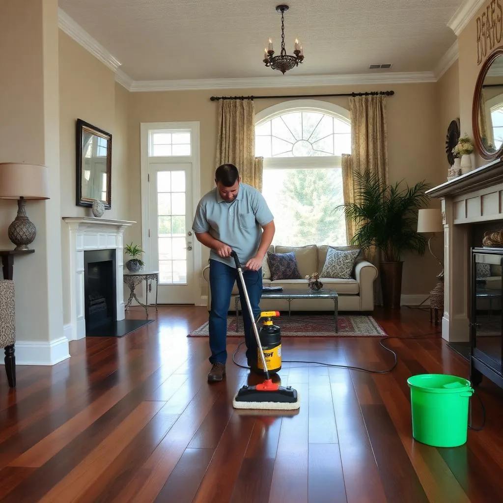 A cleaner running a floor mop over a dark hardwood living-room floor