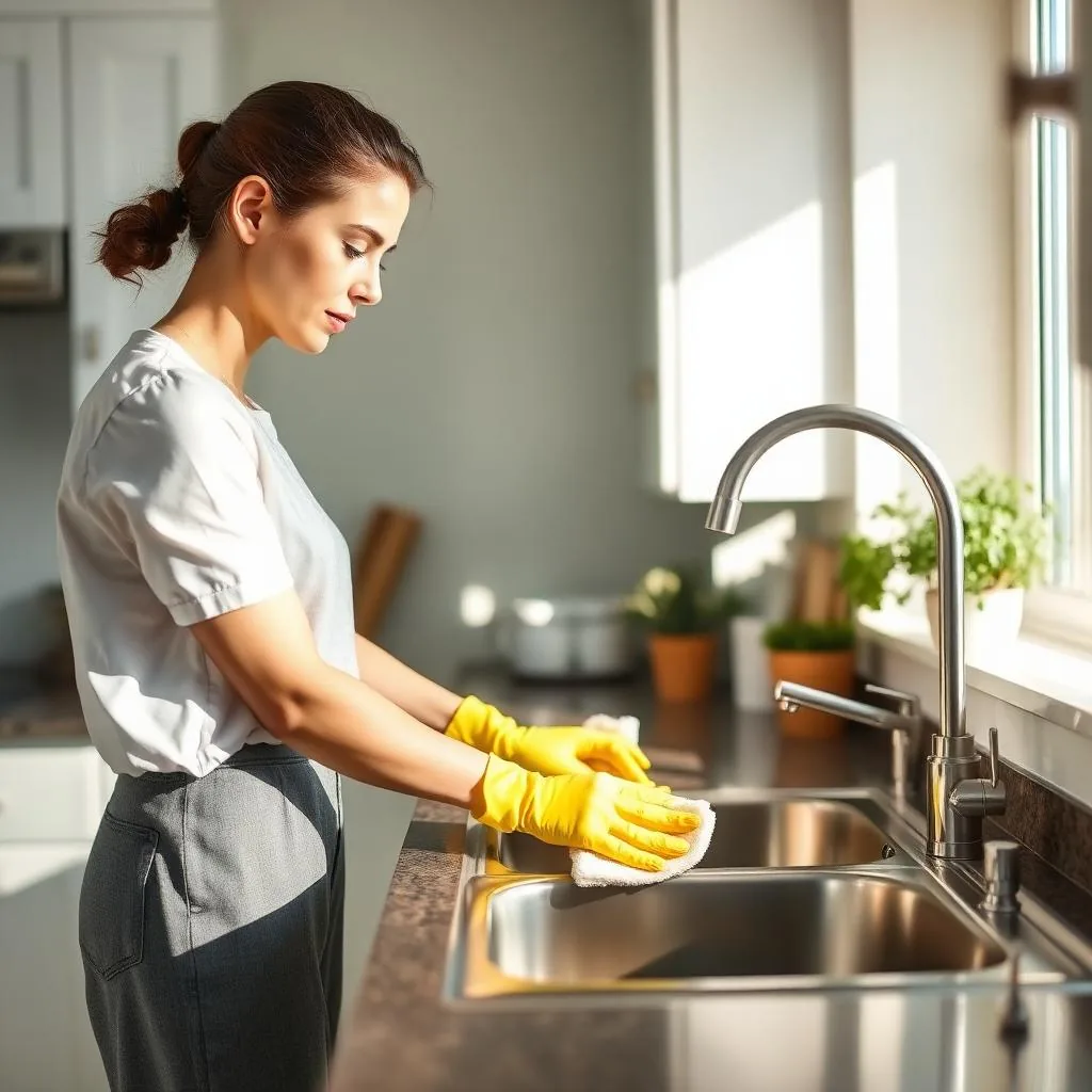 Cleaner in yellow gloves wiping a stainless steel kitchen sink