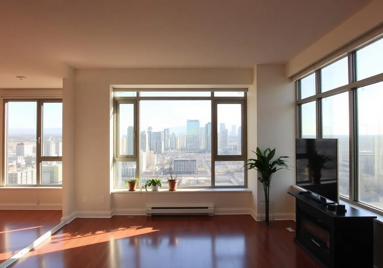 Living room with a hardwood floor and tall windows looking out over a city skyline