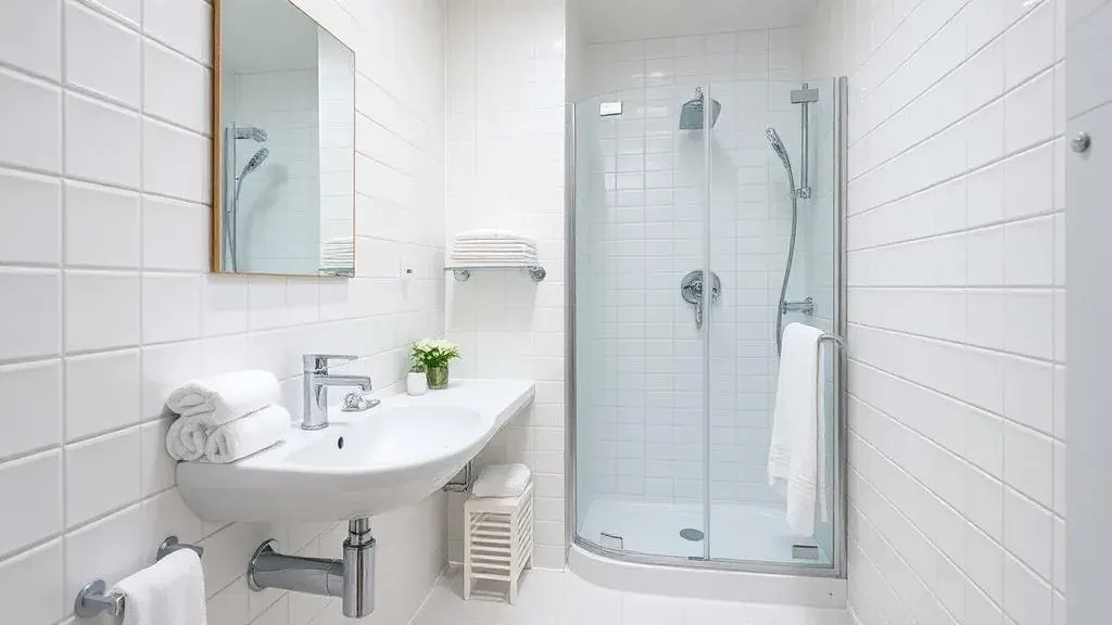 A clean bathroom sink, mirror and tiled walls