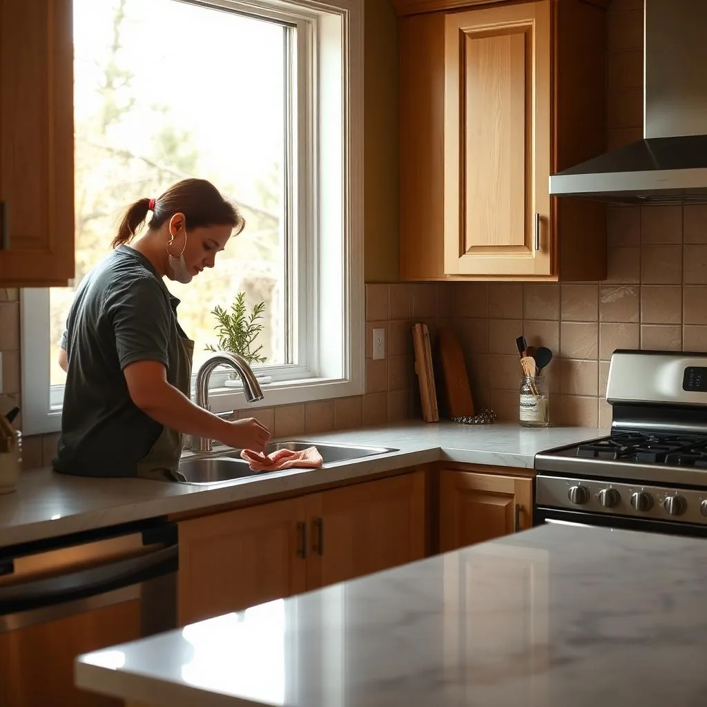 Professional cleaner wiping a counter in a home