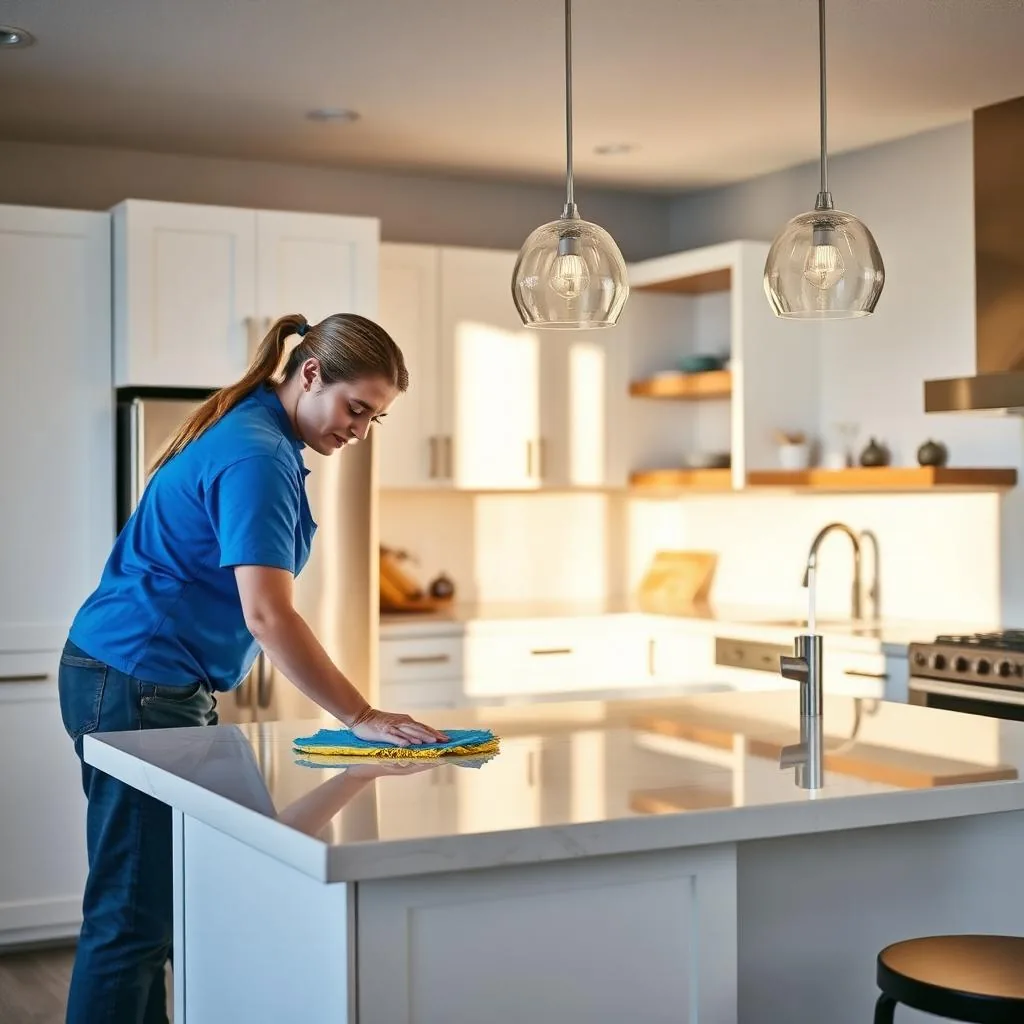Professional cleaner cleaning a kitchen island in a home
