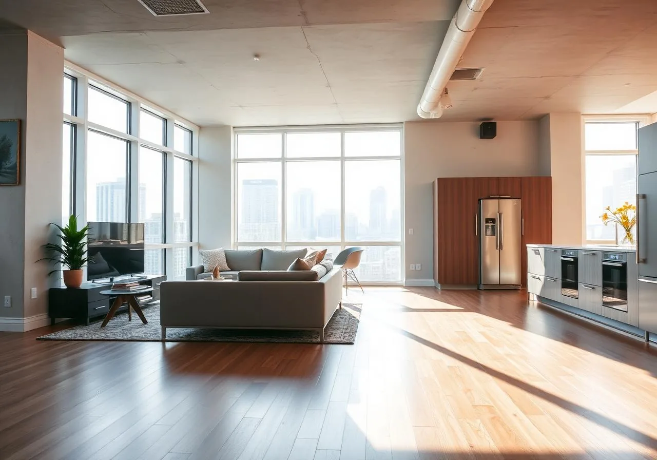 An open-plan condo living room with a grey sectional, a hardwood floor and floor-to-ceiling windows onto downtown towers