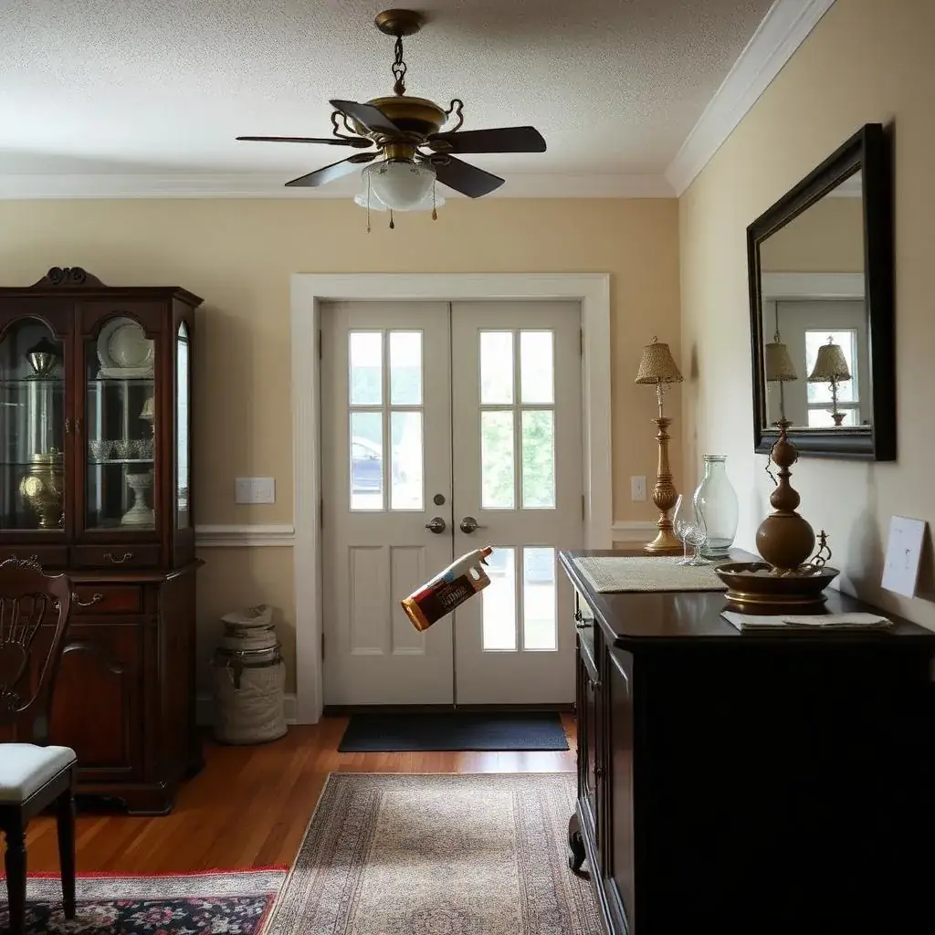 Professional cleaner wiping a dining buffet in a home