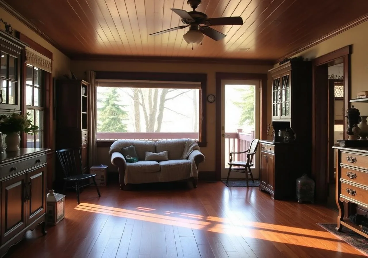 A living room with a wood-panelled ceiling, a loveseat under a picture window onto trees and a glass door to the deck