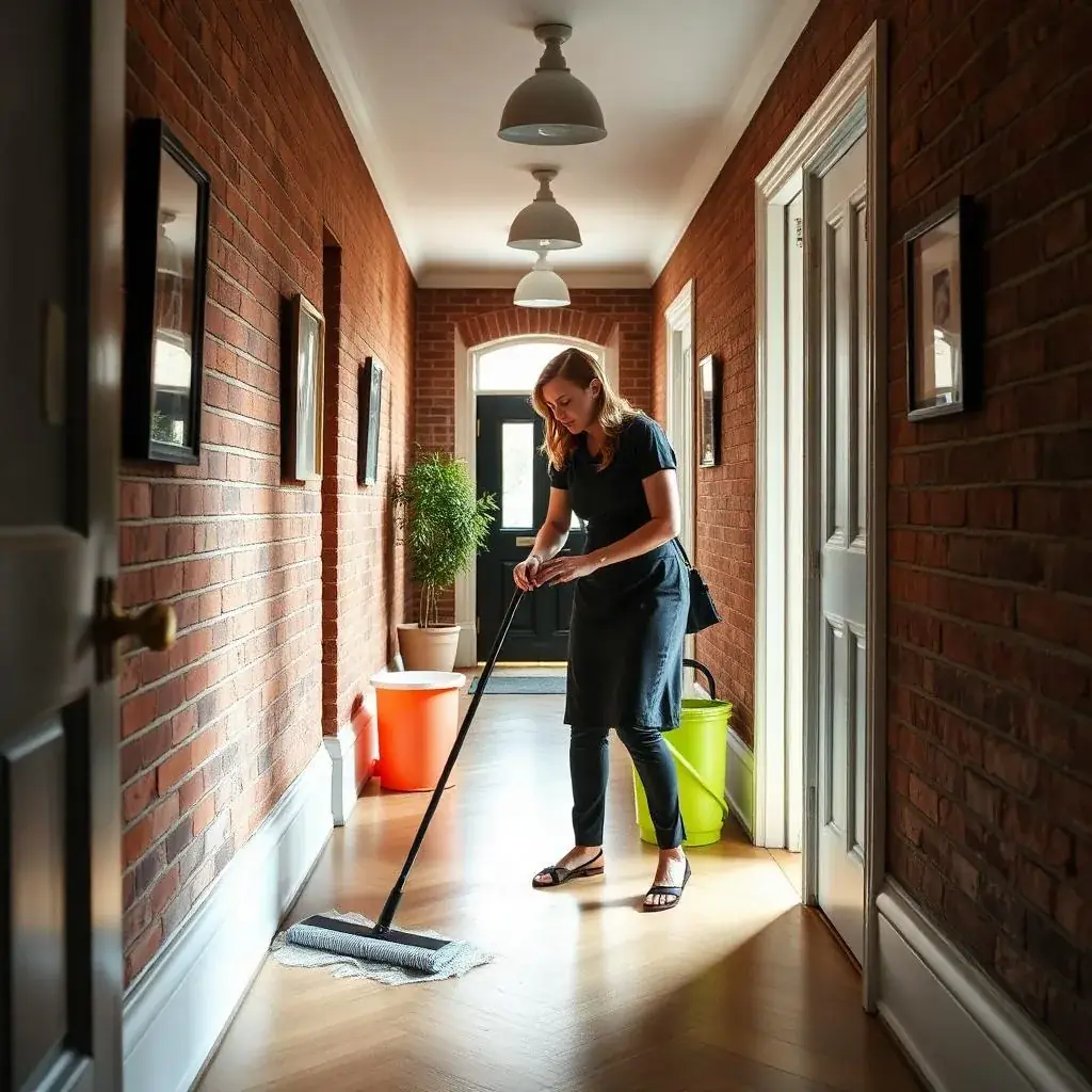 Cleaner mopping a wood-floored hallway lined with exposed brick