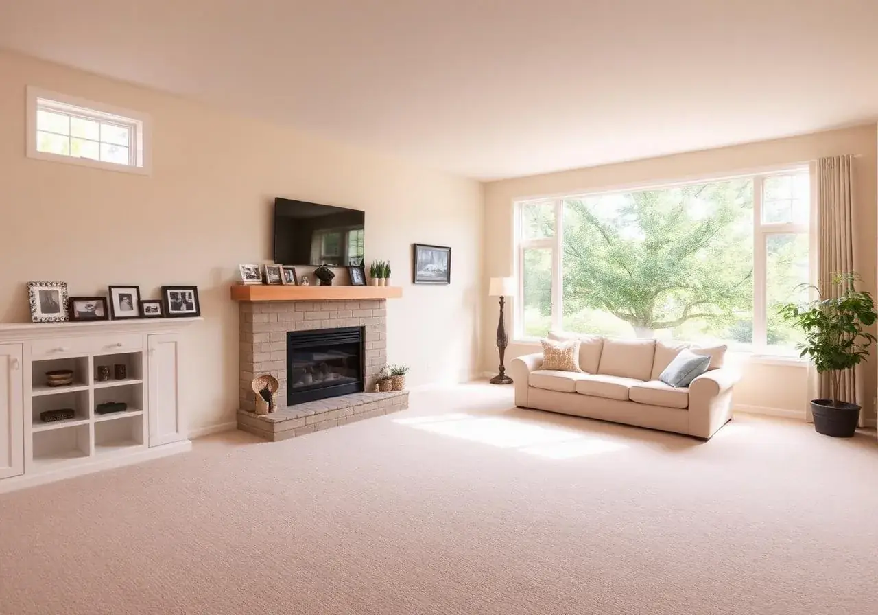 A carpeted living room with a brick gas fireplace, a cream sofa by a wide window onto a tree and white built-in shelves