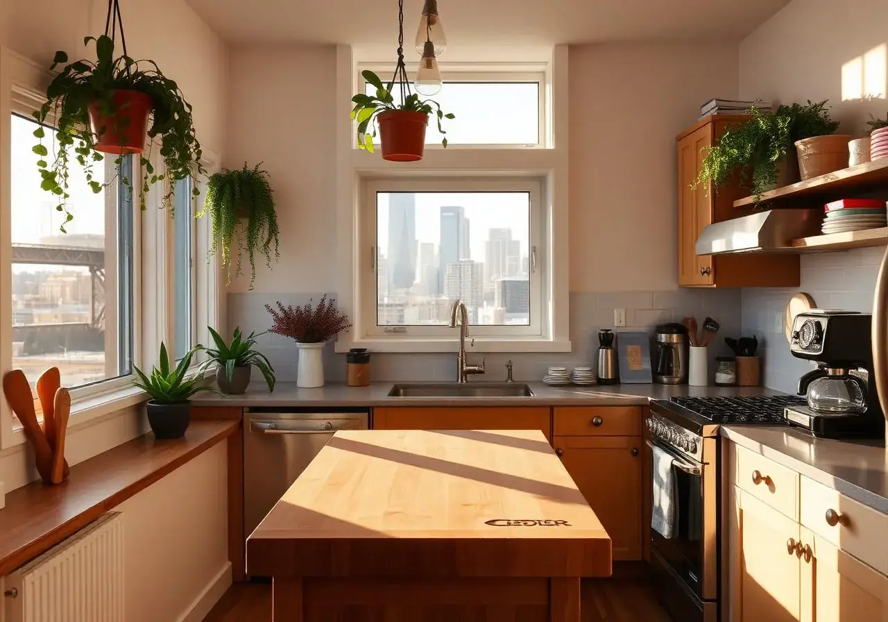 A compact kitchen with wood cabinets, a butcher-block island, hanging plants and a window over the sink onto downtown towers