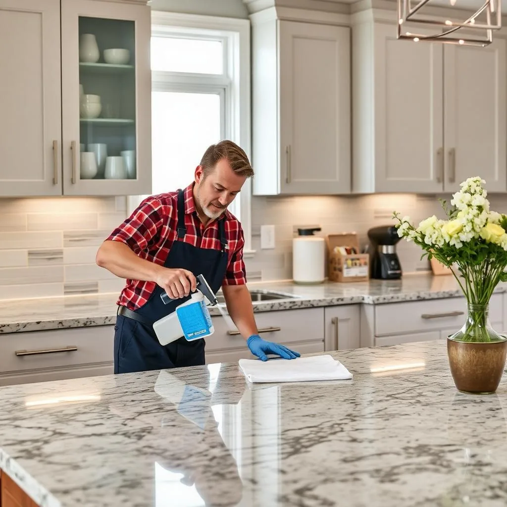 Cleaner in blue gloves wiping a granite kitchen island
