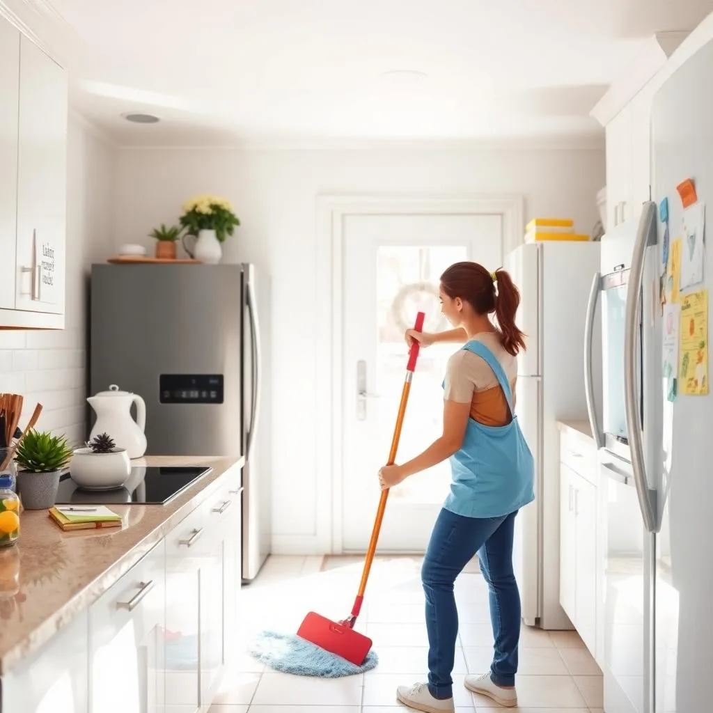 Cleaner mopping the tiled floor of a white kitchen