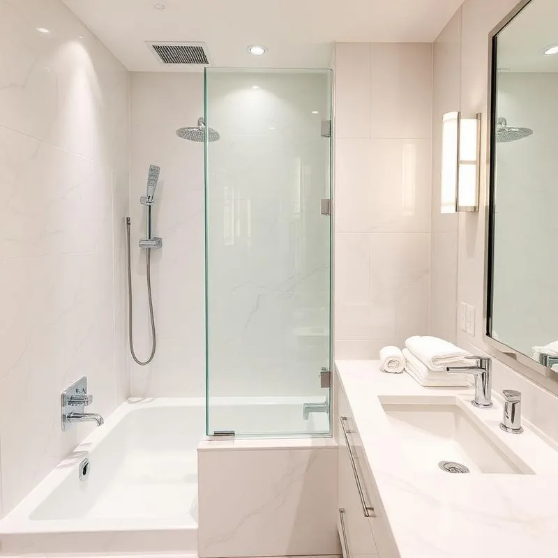 Bright bathroom with a glass shower screen over the tub, a white vanity and folded towels