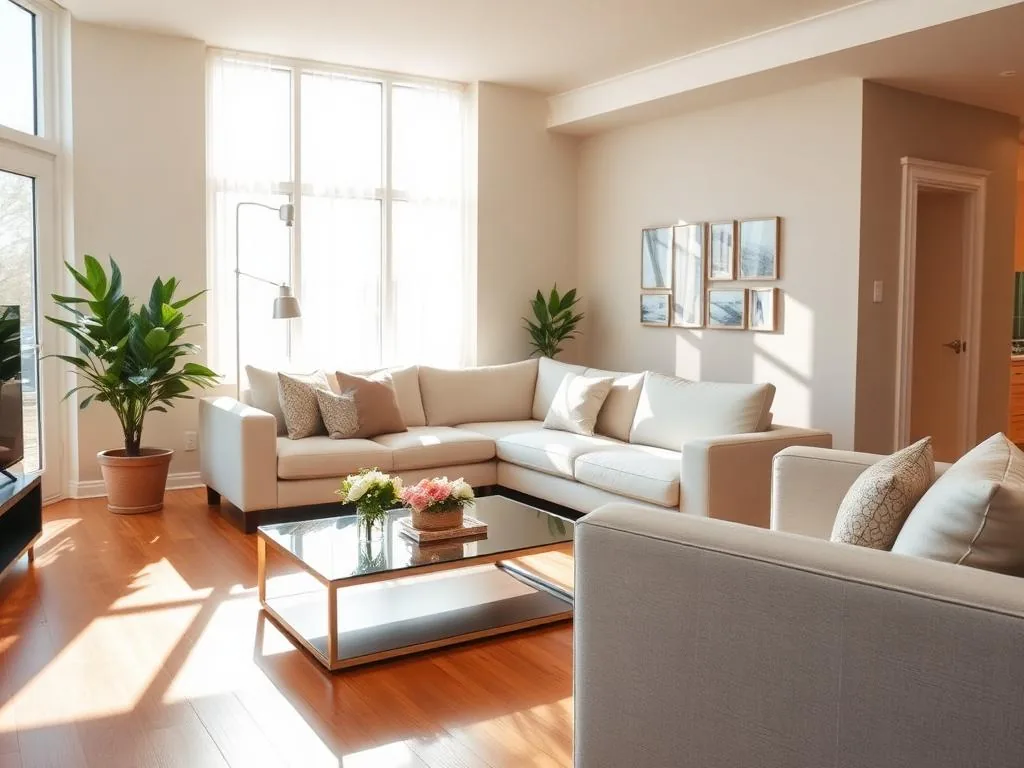 A bright living room with a cream sectional sofa and a glass coffee table