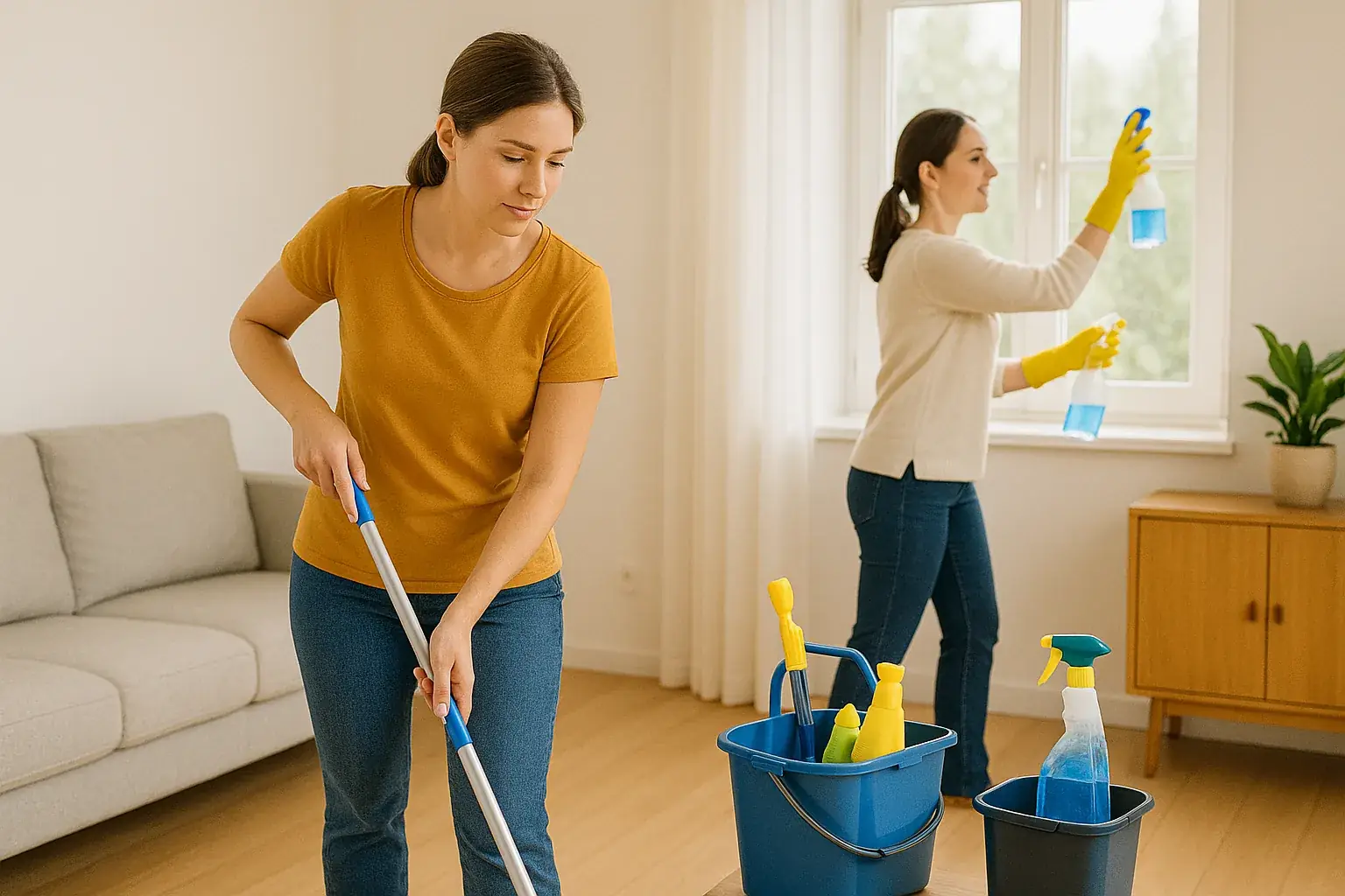 Two cleaners mopping a floor and spraying a window in a bright living room