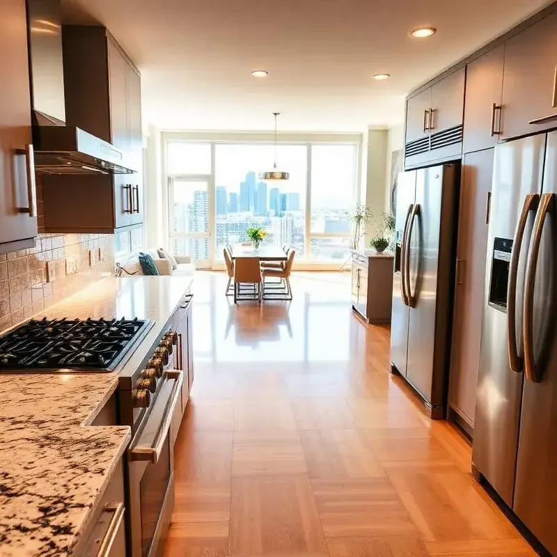 Kitchen with granite counters and a range hood over a gas cooktop, with a dining table by the window