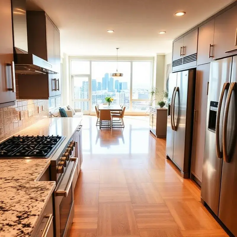 A kitchen with granite counters, stainless steel appliances and a wood floor