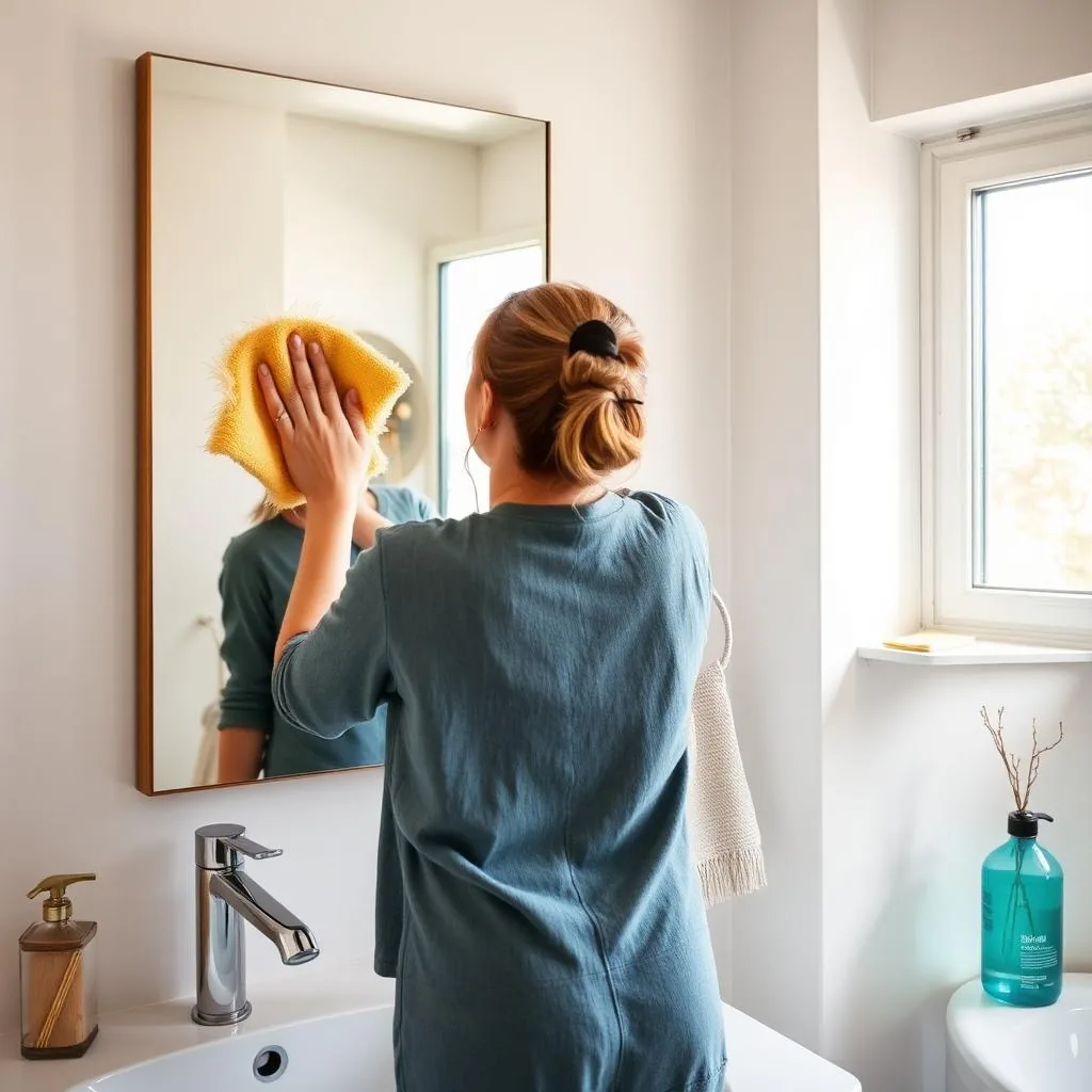 Cleaner wiping a bathroom mirror with a yellow cloth above a white sink