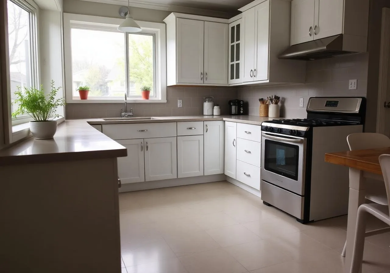A kitchen with white shaker cabinets, a grey tile backsplash, a stainless range and a window over the sink onto neighbouring houses