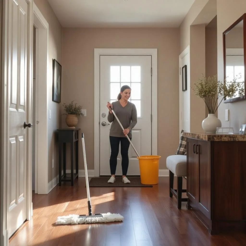 Cleaner with a mop and a yellow bucket by a front door, on a hardwood hallway floor