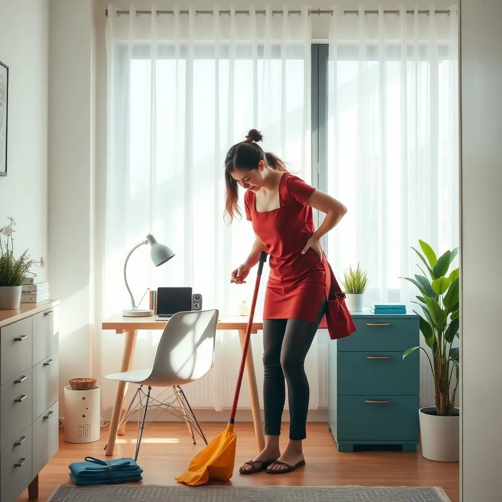 Cleaner with a broom in a bright room with a desk, a teal cabinet and sheer curtains