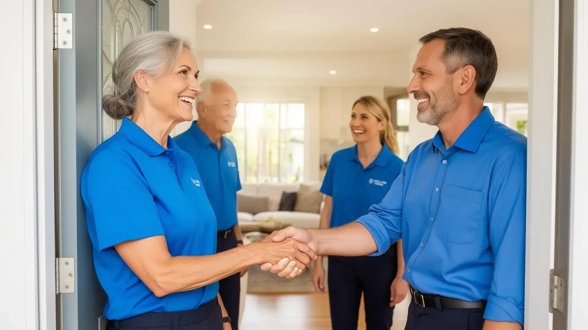 Professional cleaning team greeting homeowner