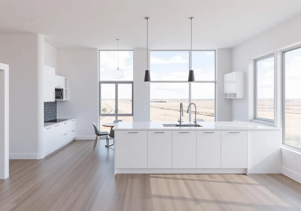 A white kitchen with a long island, two black pendant lights, a pale plank floor and tall windows onto open prairie