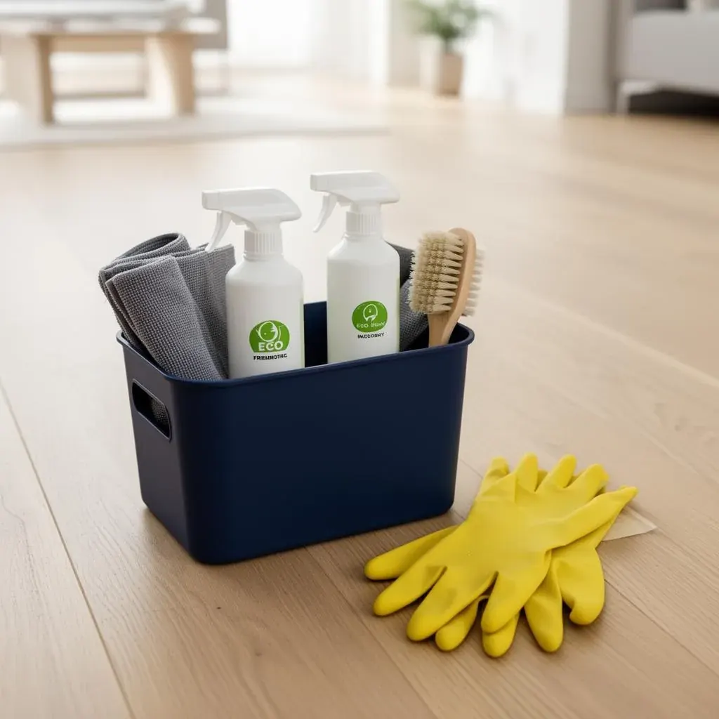 Cleaning supplies laid out flat: spray bottles, microfibre cloths and baking soda