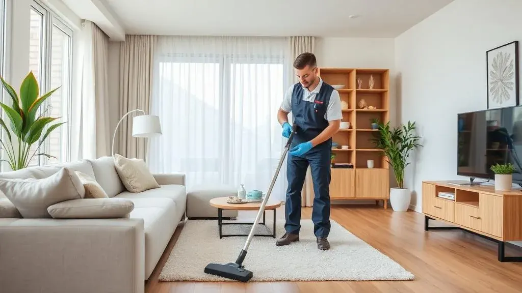 Professional cleaner vacuuming a modern living room