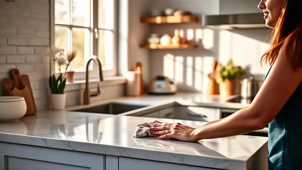 Woman wiping a counter in a bright, tidy kitchen