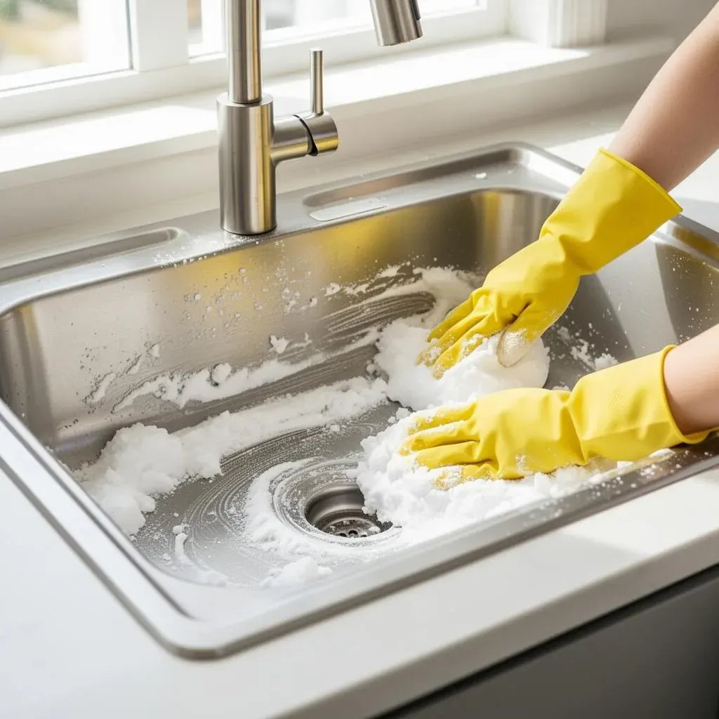 Hands with yellow gloves scrubbing kitchen sink with baking soda paste