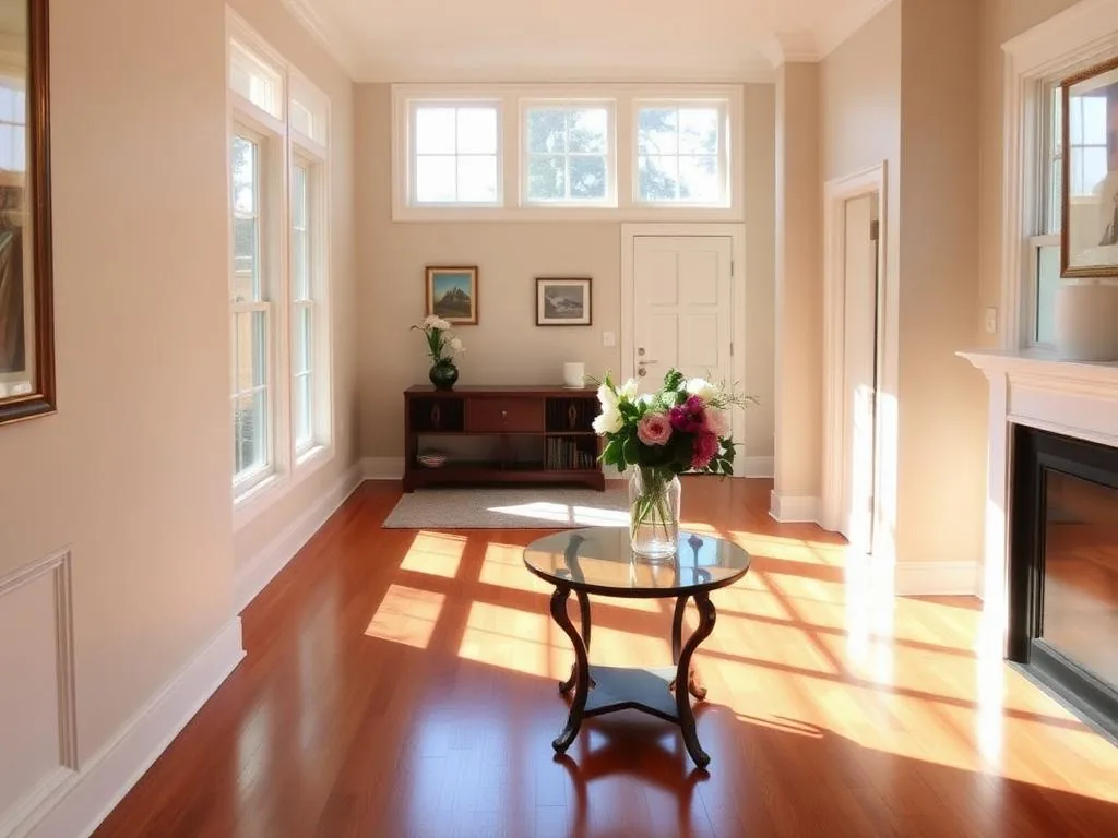 Sunlit room with reddish hardwood floors, a round glass table holding flowers, a fireplace and a white panel door