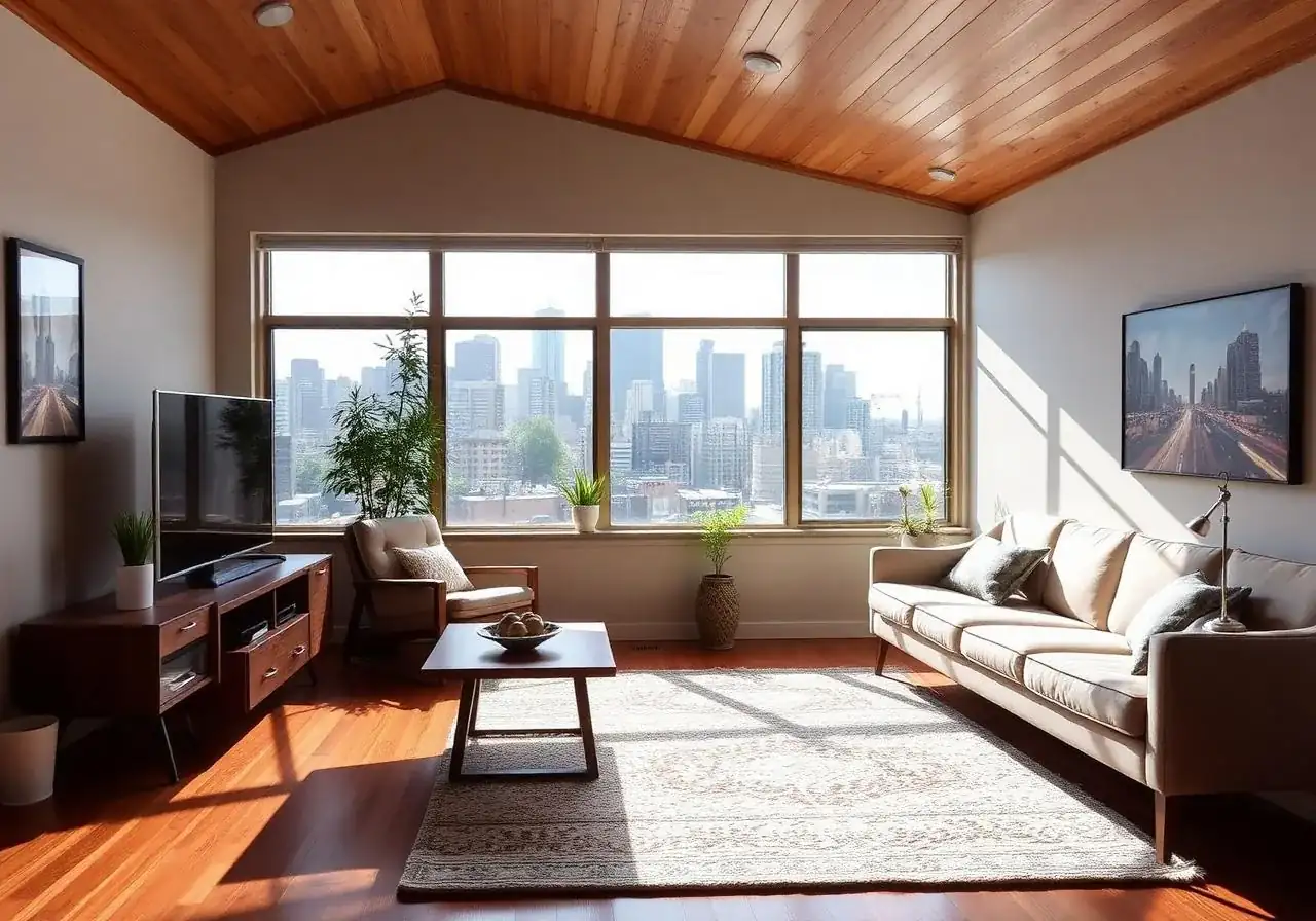 A living room with a vaulted wood ceiling, a beige sofa, a patterned rug and wide windows onto a downtown skyline