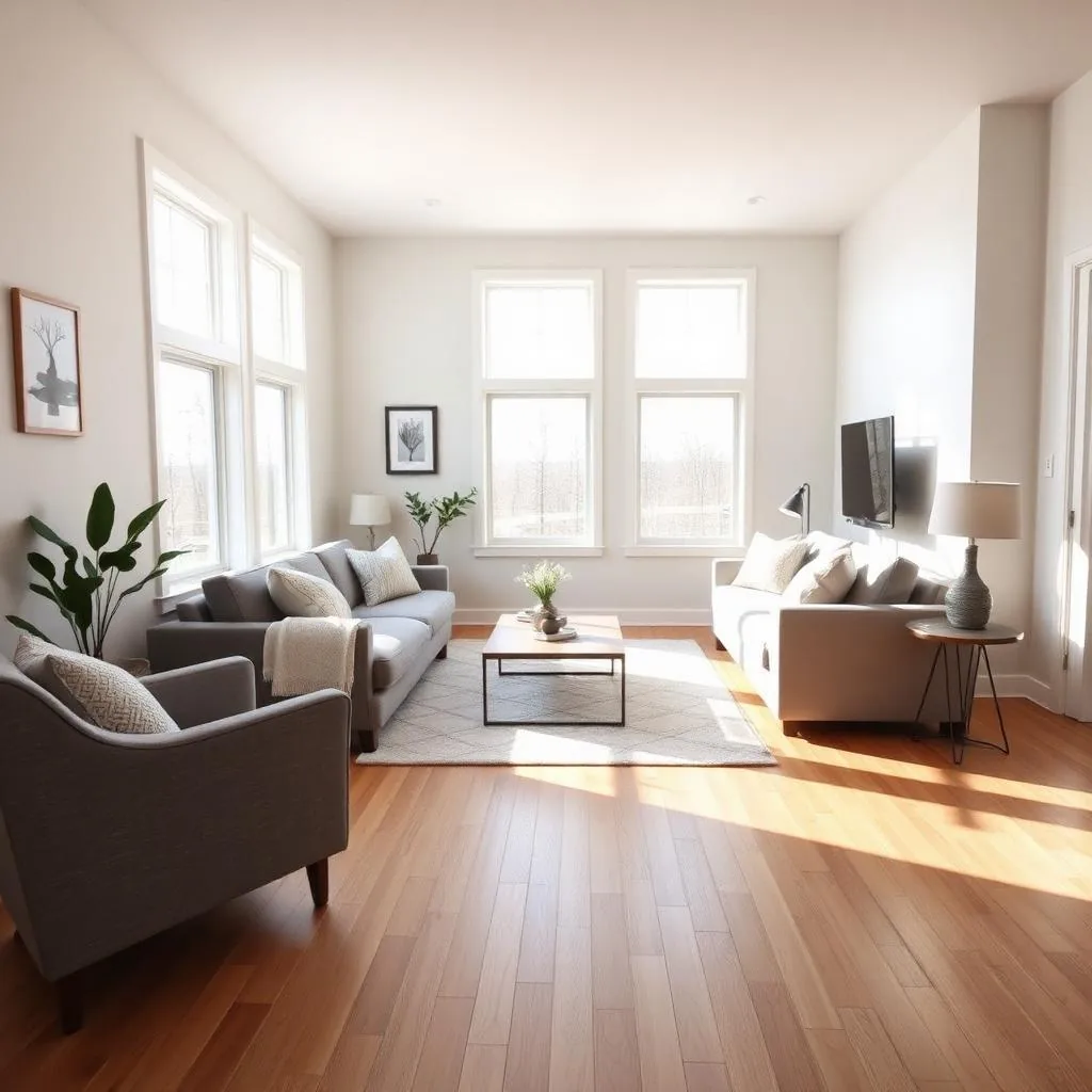 Bright living room with grey sofas, a pale rug and wood plank floors under tall windows