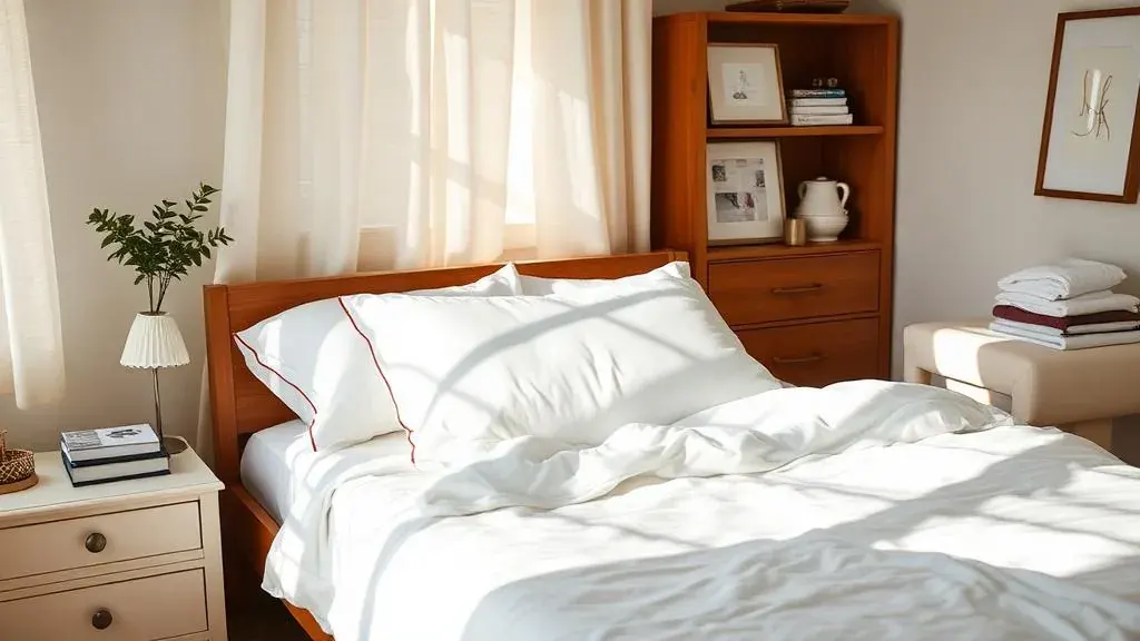 Neatly made bed with fresh white linens in a bright bedroom