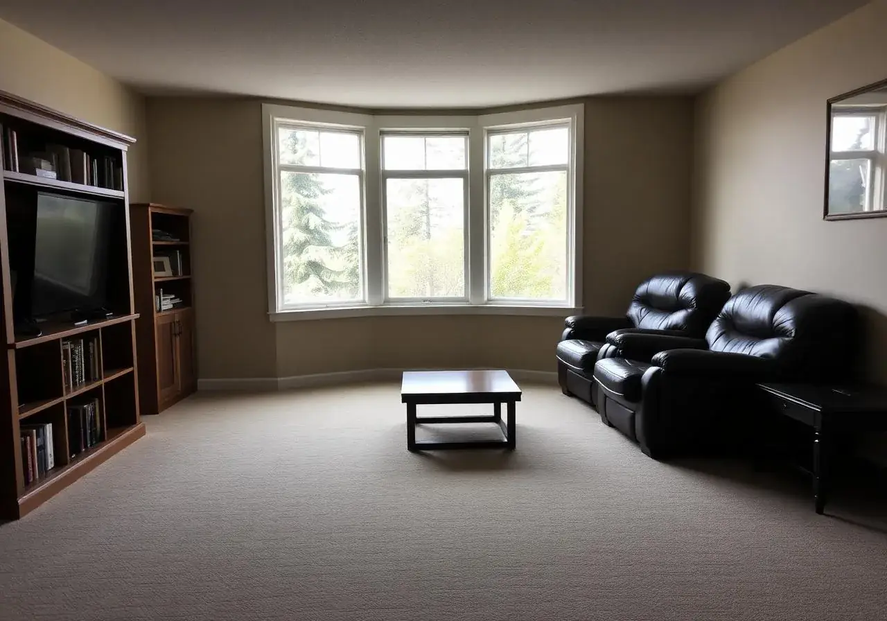 A carpeted family room with a bay window onto spruce trees, two black leather recliners and a wooden bookcase
