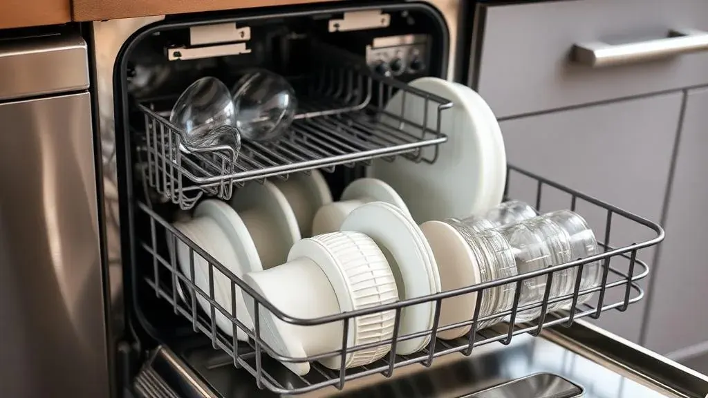 Open dishwasher loaded with clean dishes