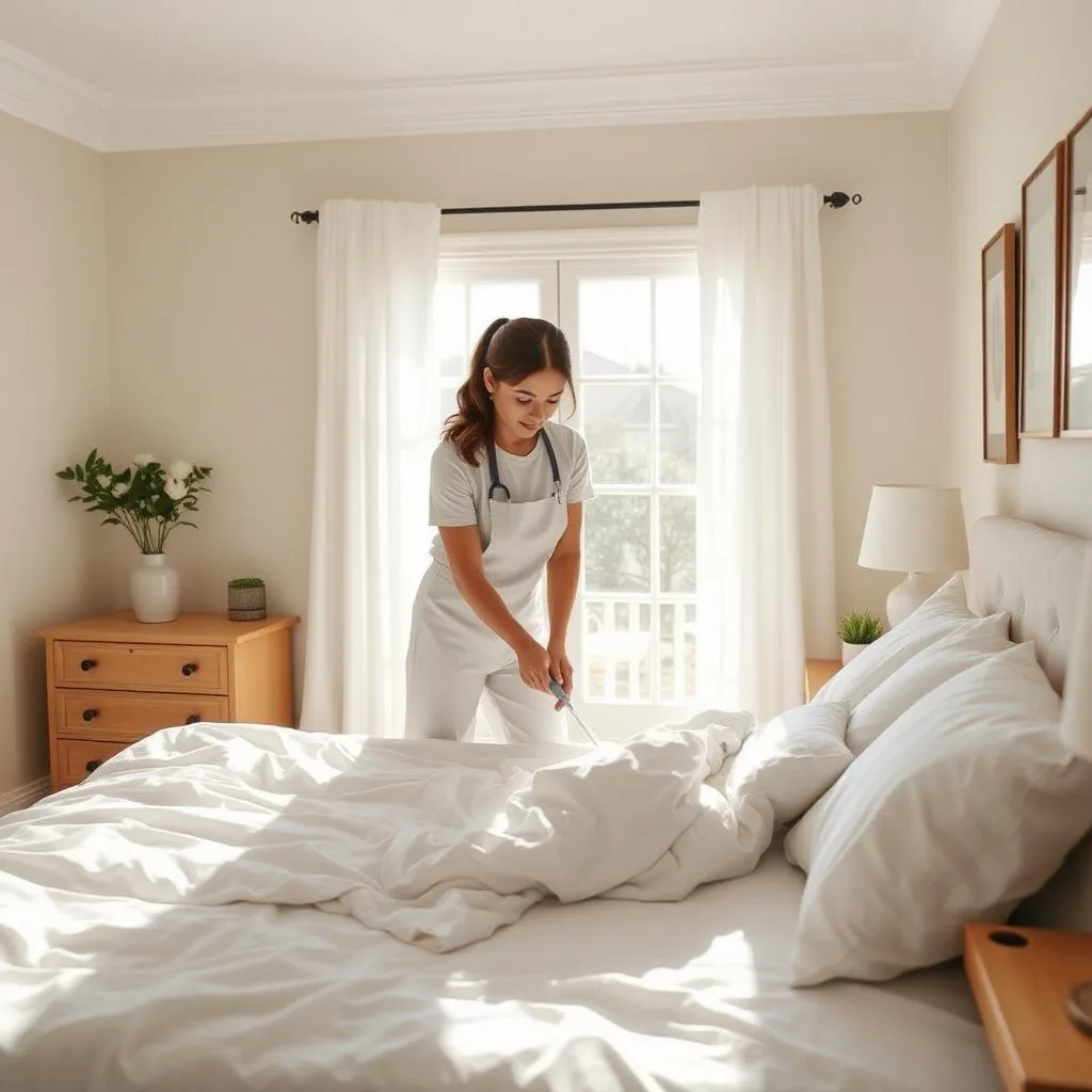 Cleaner in a white apron working beside a bed with rumpled white bedding in a sunlit bedroom