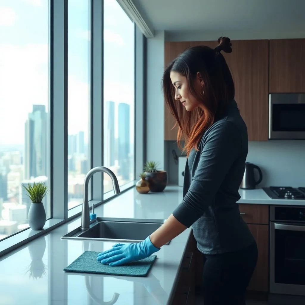 Cleaner in blue gloves wiping a kitchen counter beside tall windows that look out on city towers