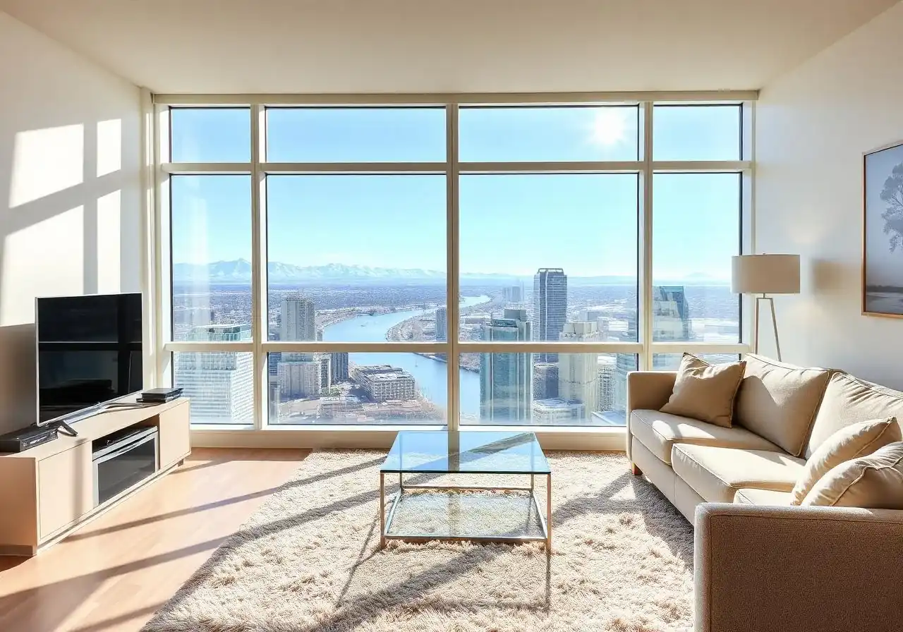 A high-rise living room with a beige sofa, a glass coffee table on a shaggy rug and floor-to-ceiling windows over a river and towers