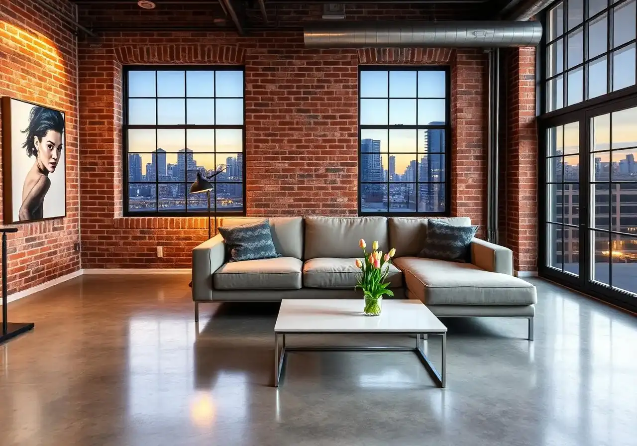 A brick-walled loft with a polished concrete floor, a grey sectional, tulips on a white coffee table and black-framed windows onto the skyline at dusk