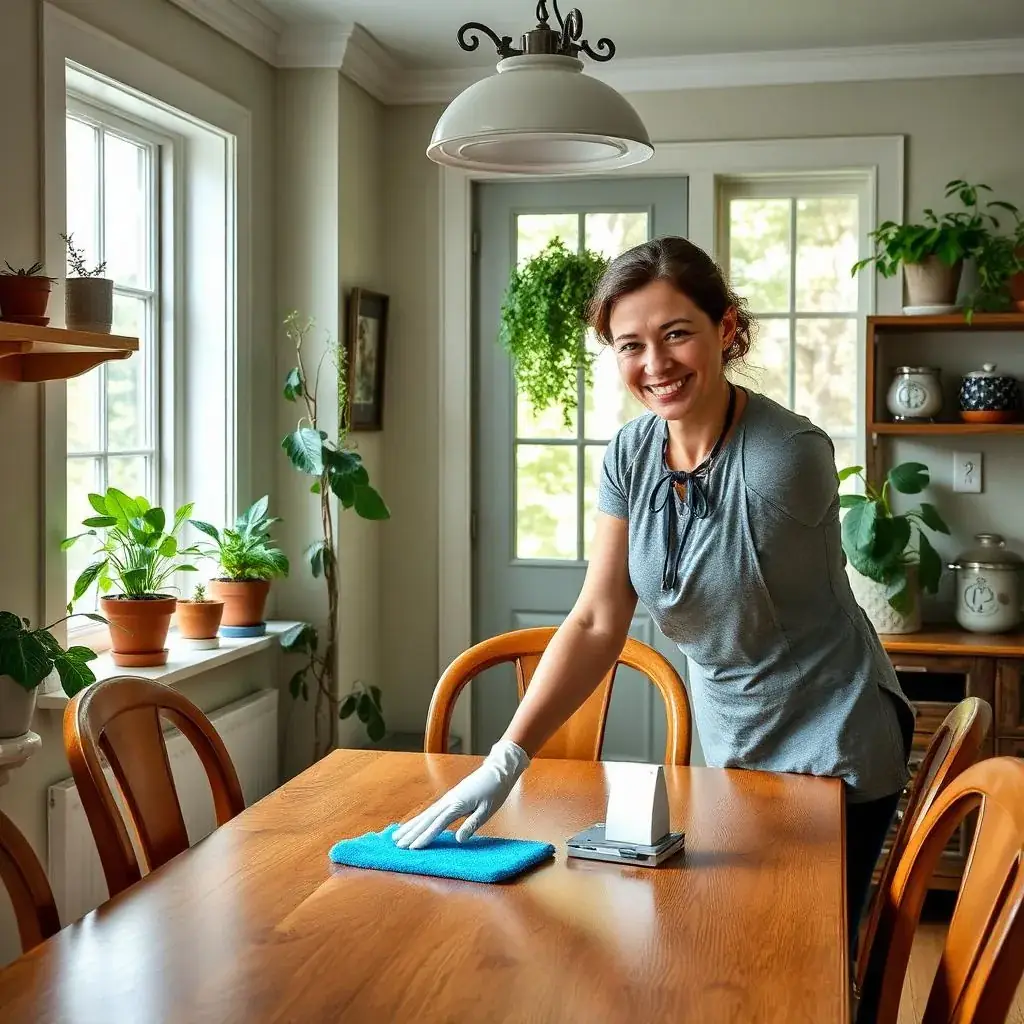 Cleaner in white gloves wiping a wooden dining table beside a window lined with potted plants