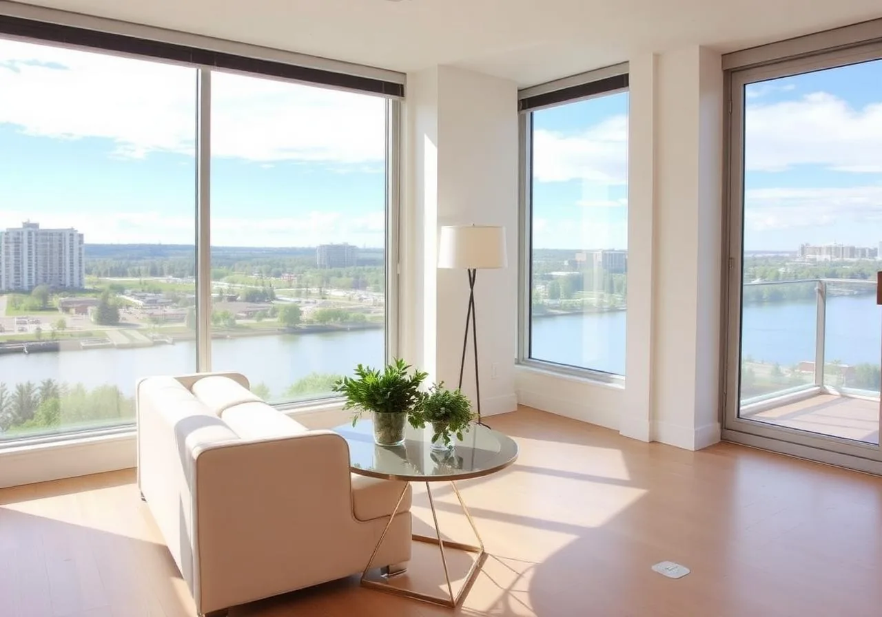 A corner condo room with floor-to-ceiling windows over a river and parkland, a cream loveseat and a round glass table with plants