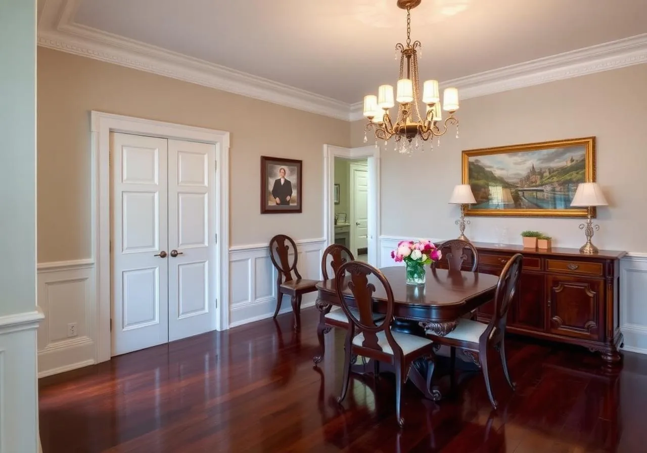 Formal dining room with a chandelier, wainscoting, white panel doors and a dark wood floor