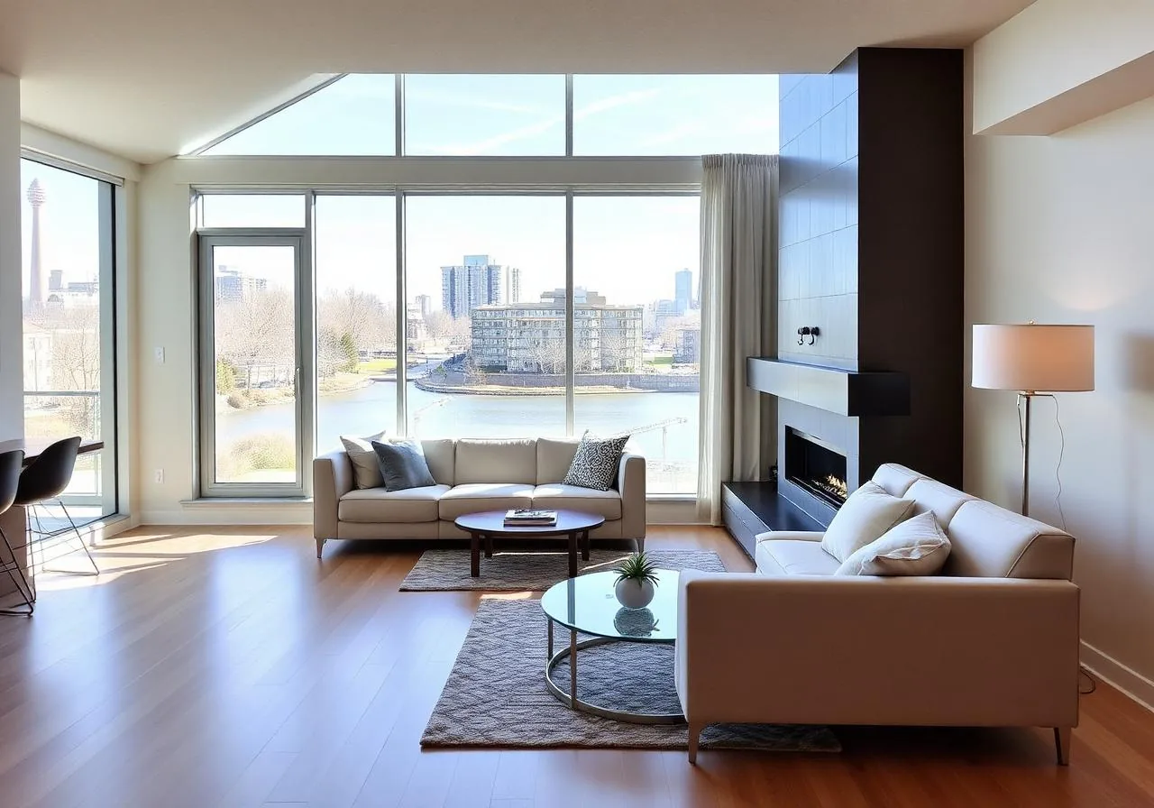 Condo living room with floor-to-ceiling windows over a river, cream sofas and a dark tiled fireplace