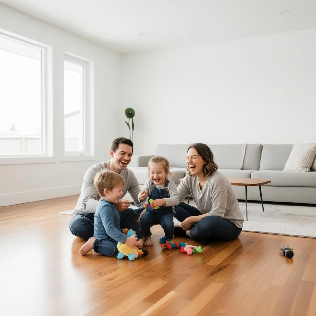 A family playing with toys on a wooden living-room floor