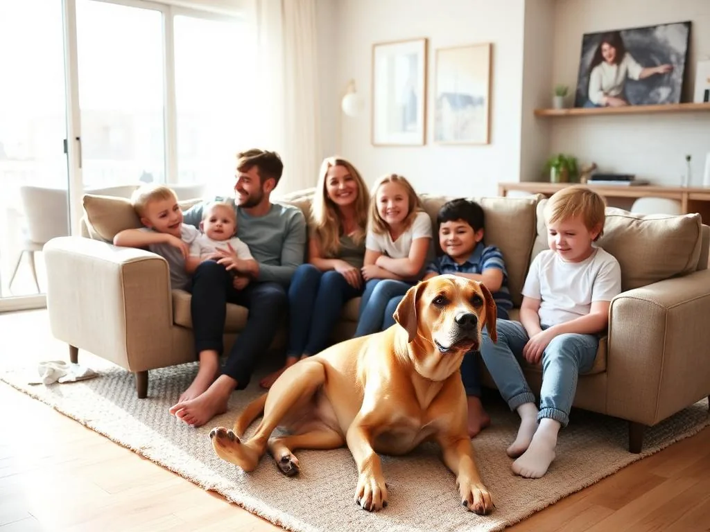 A family and their dog on a beige sofa and rug in a bright living room