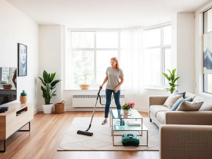Cleaner vacuuming a bright apartment